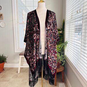 Lovestitch Velvet Laser Cut Burgundy Rose Floral Kimono with Fringe OS
